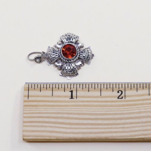 Vtg Filigree Jerusalem Cross Pendant 999 Sterling Silver W/ Glass Ruby