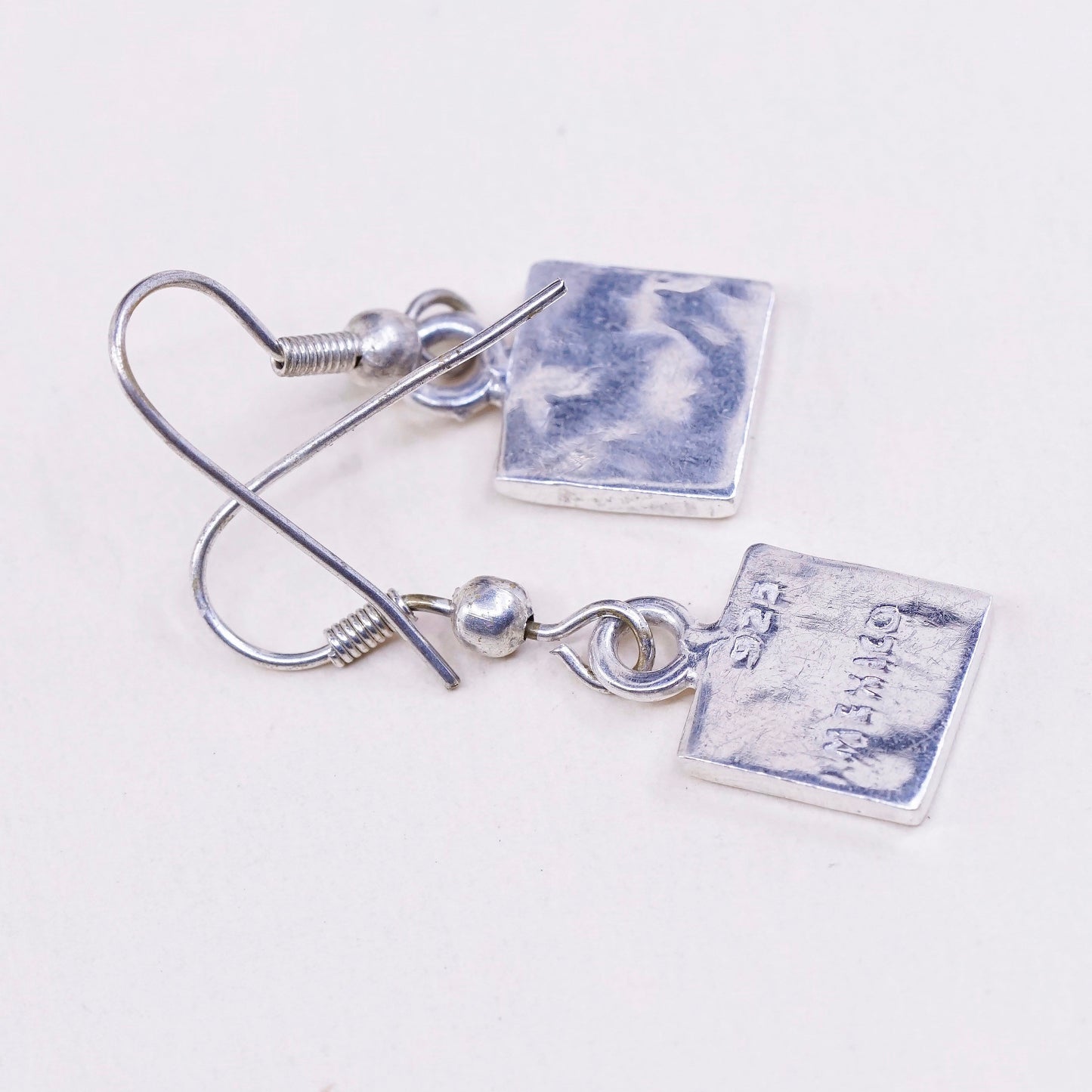 Vintage Sterling silver handmade earrings, hammered 925 square dangle