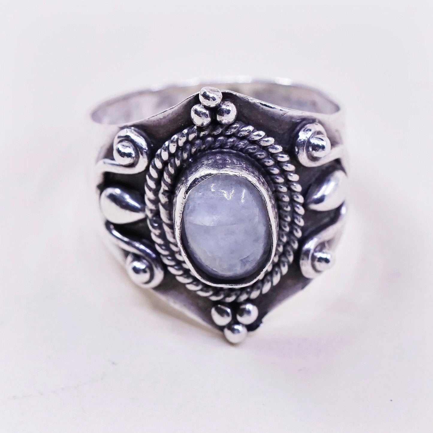 sz 8, vtg sterling silver handmade ring, 925 wide band w/ moonstone and beads