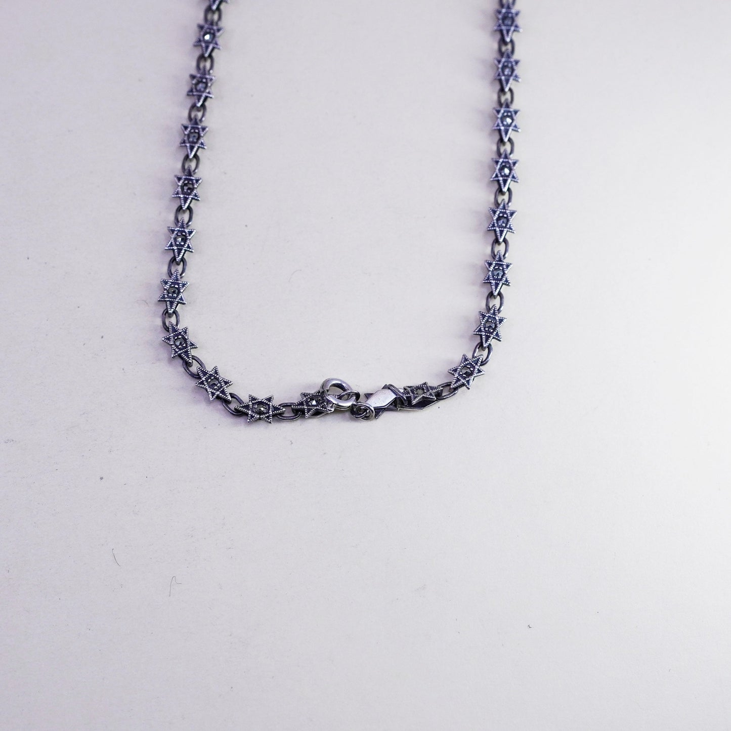 15”, sterling 925 silver necklace chain w/ marcasite snowflake obsidian pendant