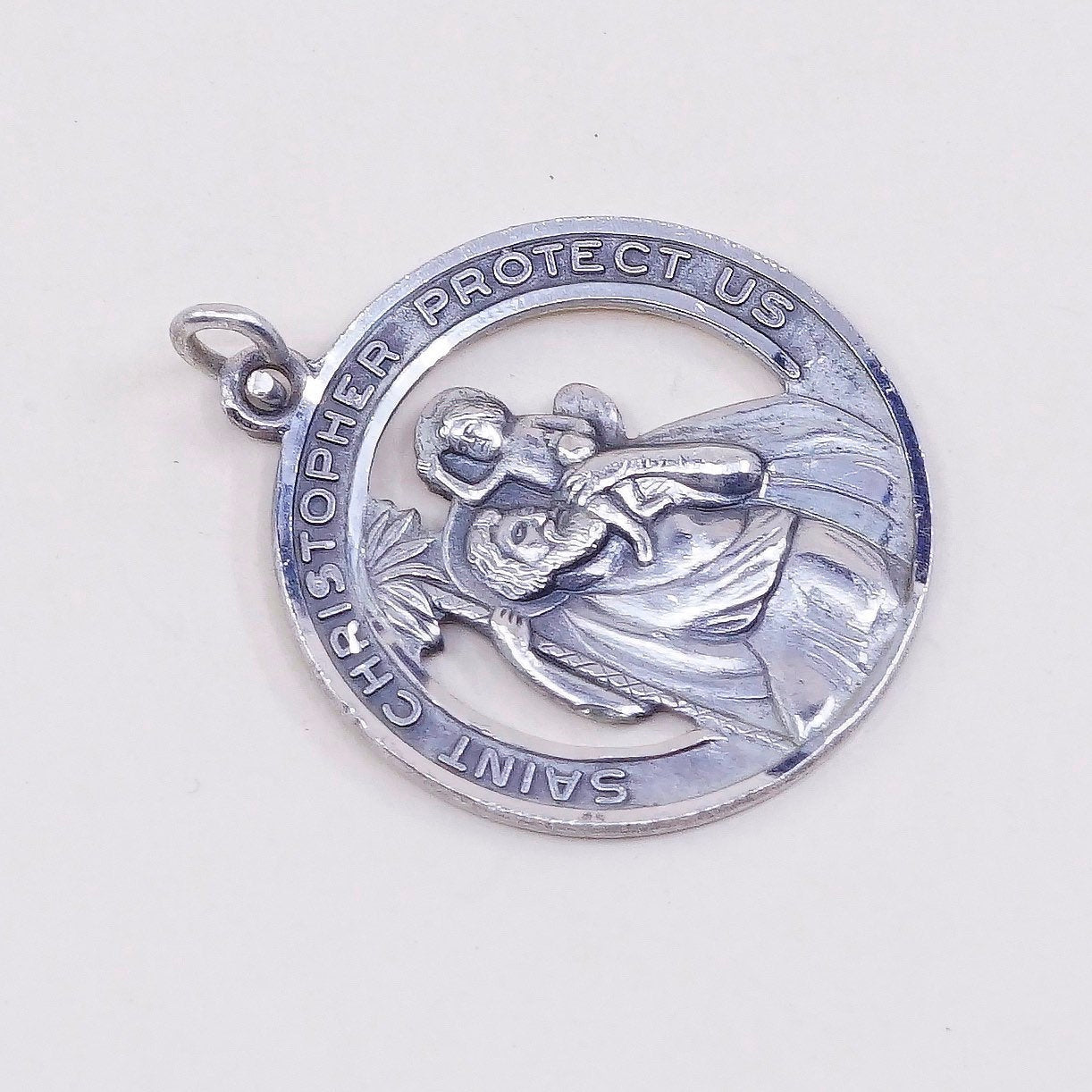 VTG sterling oval charm, 925 pendant w/ “Saint Christopher protect us"