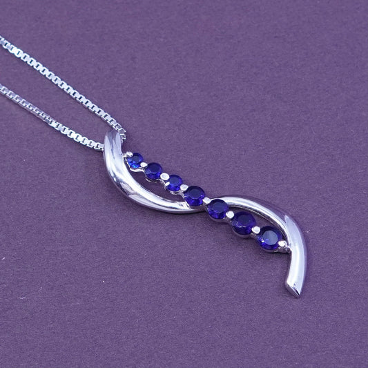 16”, Sterling silver necklace, 925 box chain with sapphire wavy pendant