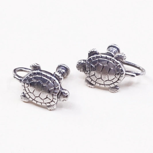 vtg Sterling silver handmade earrings, 925 screw back turtle, stamped Sterling