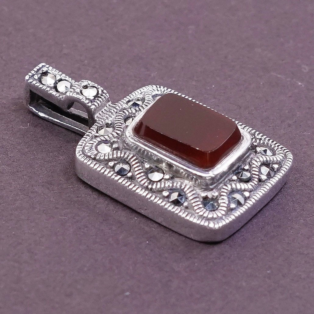 VTG Sterling silver handmade double sided pendant 925 w/ carnelian N marcasite