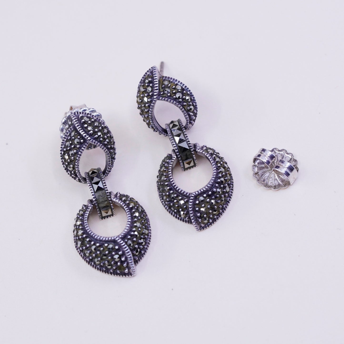 Vintage Judith Jack Sterling 925 silver earrings with Marcasite and teardrop dangles, stamped sterling JJ