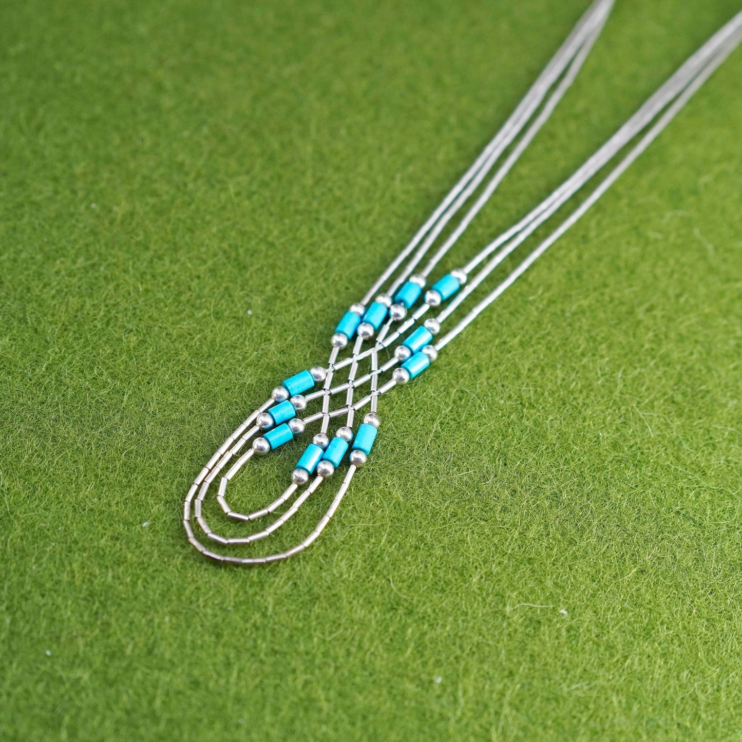 16”, liquid Sterling silver 3 strands necklace, Native American 925 turquoise