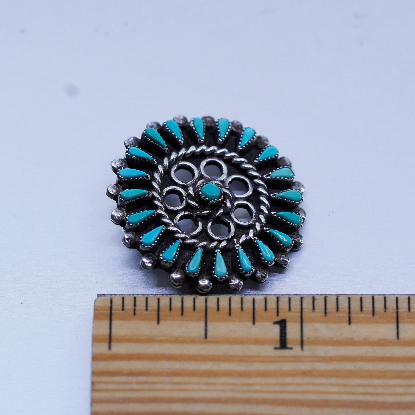 Native American Sterling 925 silver handmade flower pendant brooch turquoise