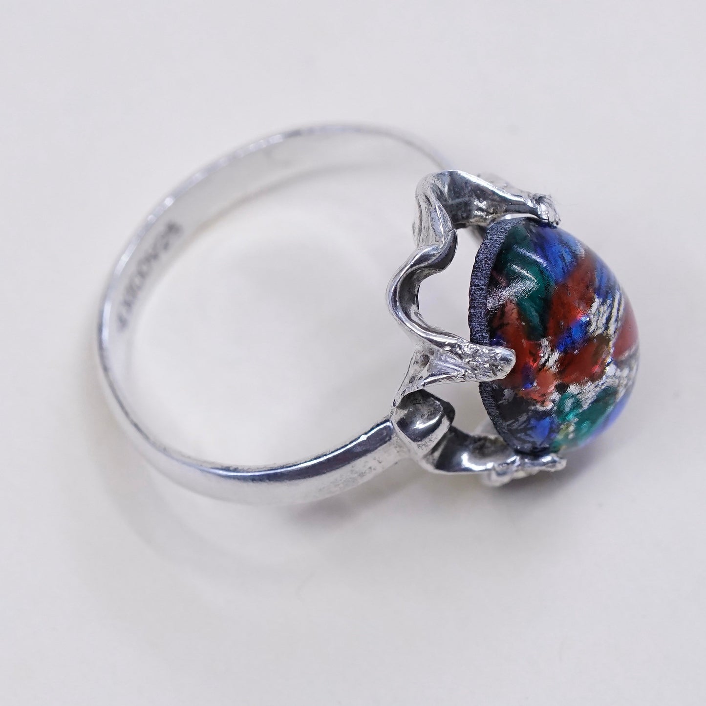 Size 9, vintage mexico sterling 925 silver handmade crown ring w/ foiled glass