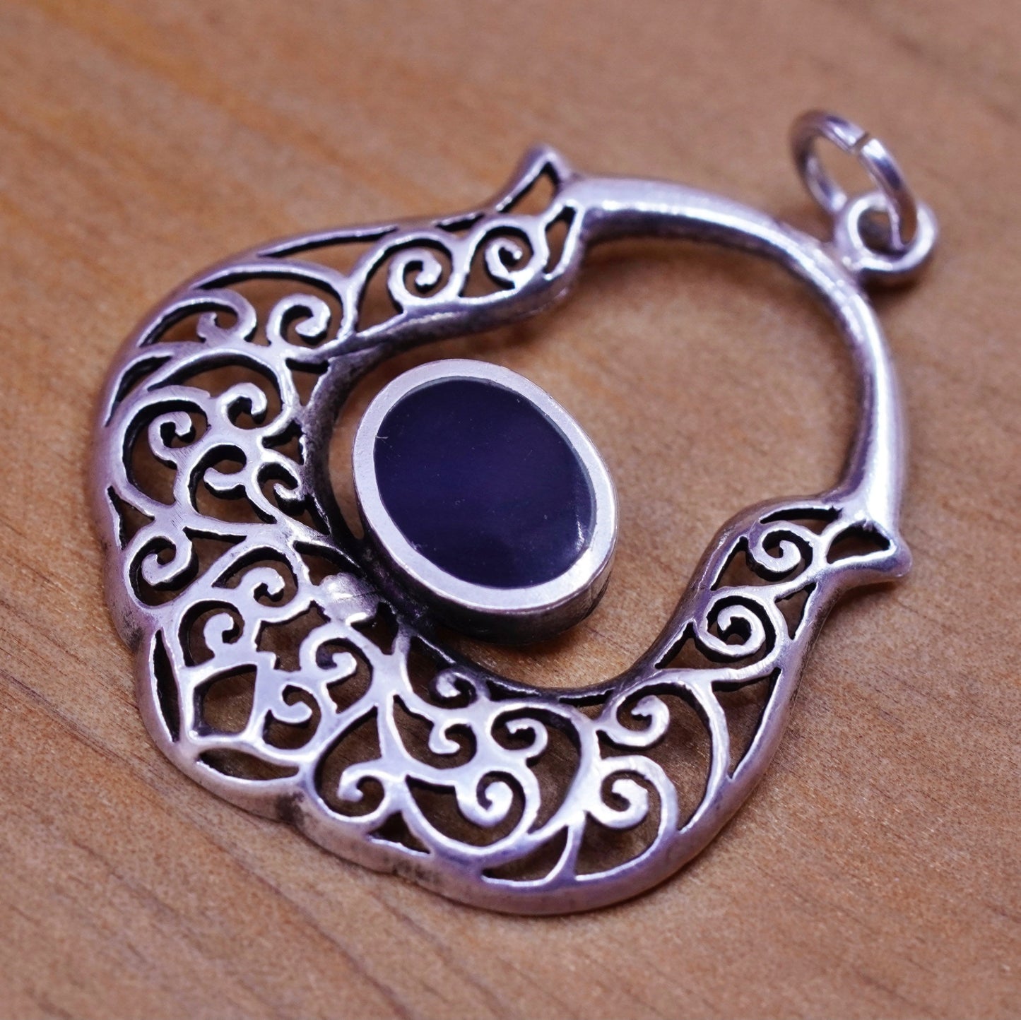 Vintage Sterling 925 silver handmade pendant with obsidian and filigree