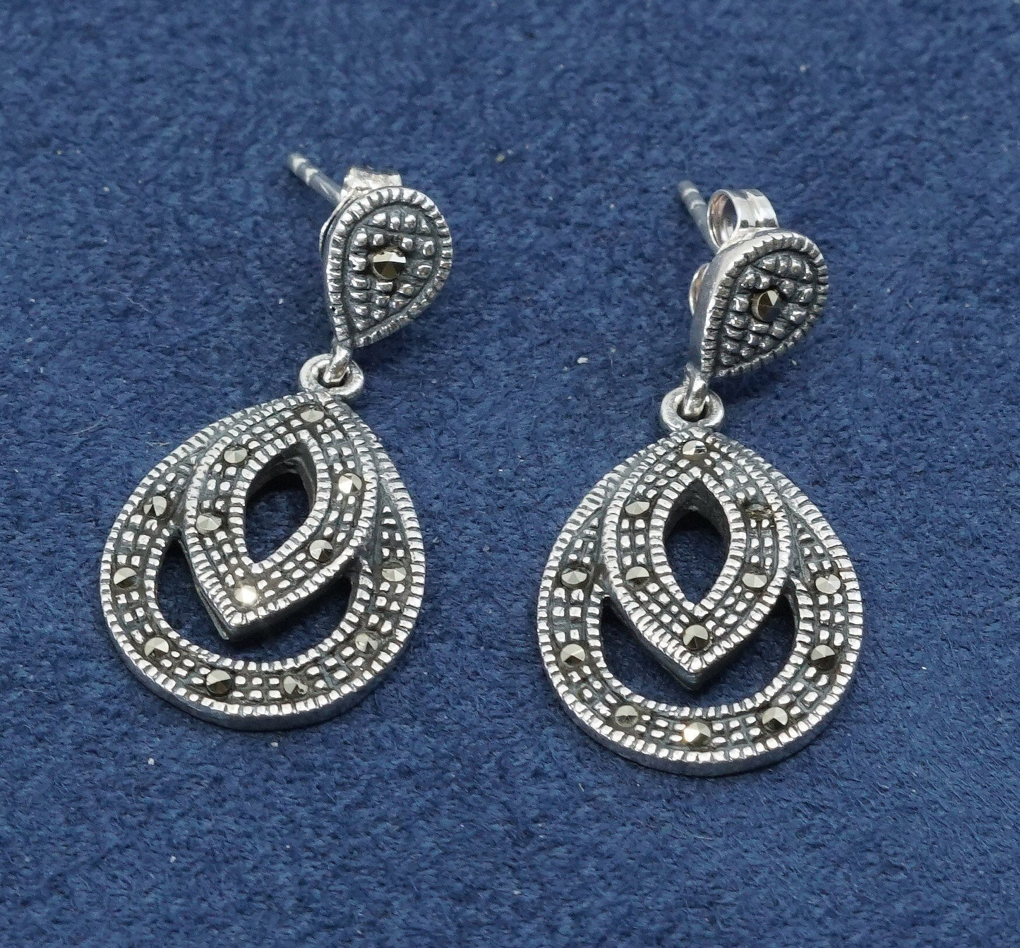 vtg sterling silver handmade earrings, 925 teardrop w/ marcasite