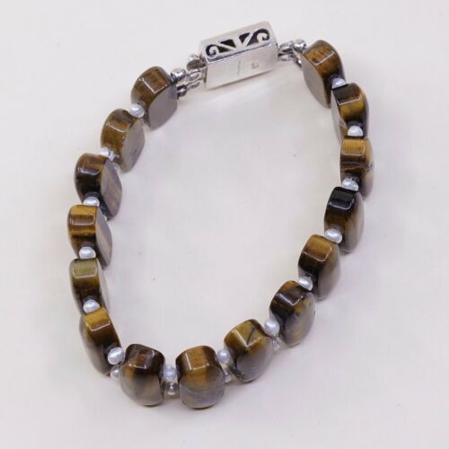 6.75”, Vintage Sterling 925 Silver Handmade Bracelet Oval Golden Tiger’s Eye