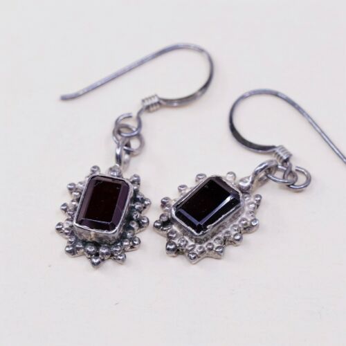 Vtg Sterling Silver Handmade Earrings, 925 Bali Dangles W/ Ruby