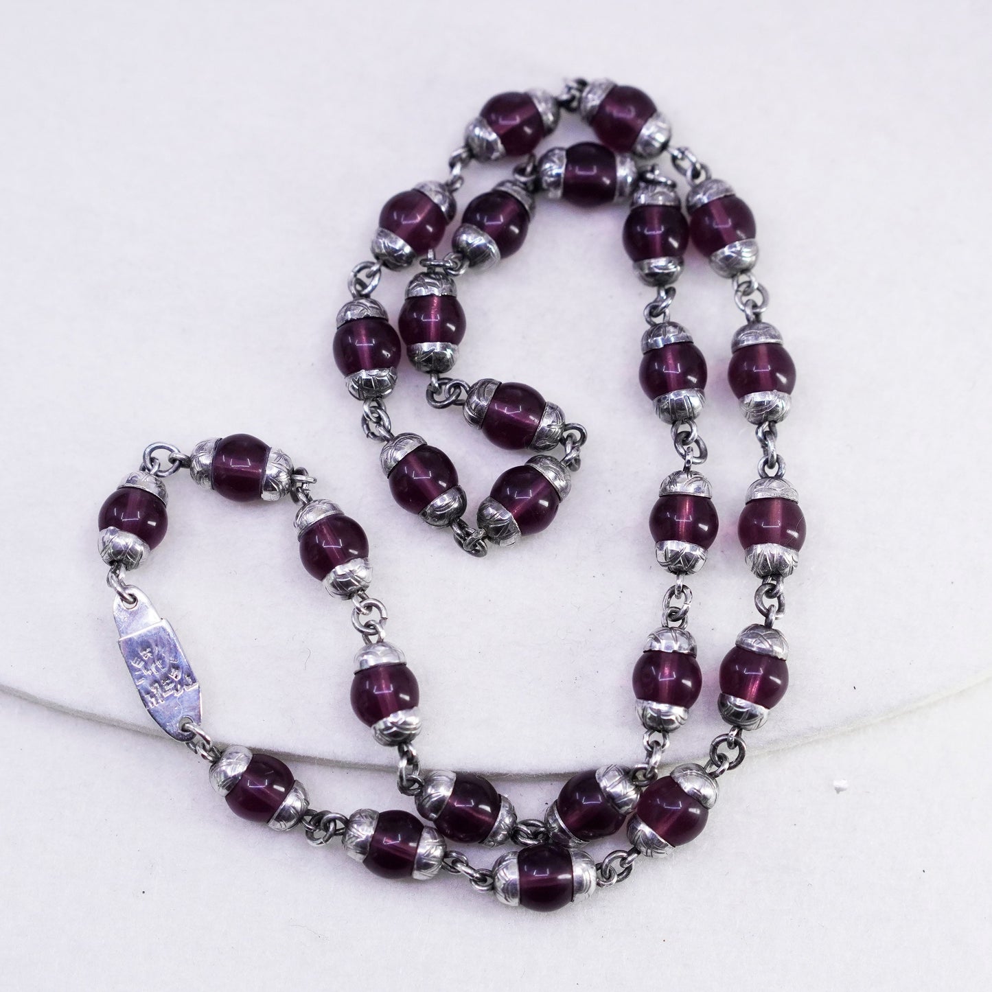 20”, vintage Mexico Sterling 925 silver handmade necklace w/ purple glass beads