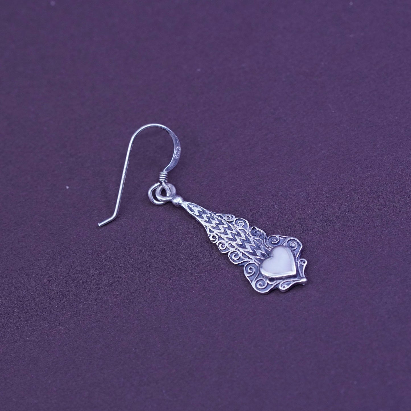 Sterling silver handmade earrings filigree 925 dangles w/ heart mother of pearl