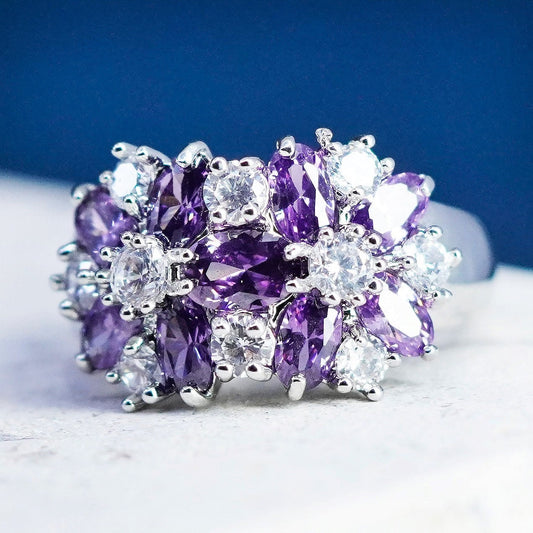 Size 6.5, vintage Sterling silver handmade ring, 925 flower with amethyst cz