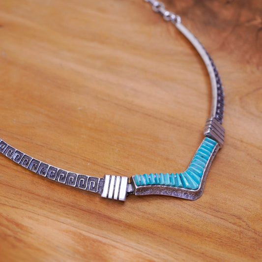 18”. Native American Navajo elongated Greek key chain V necklace turquoise