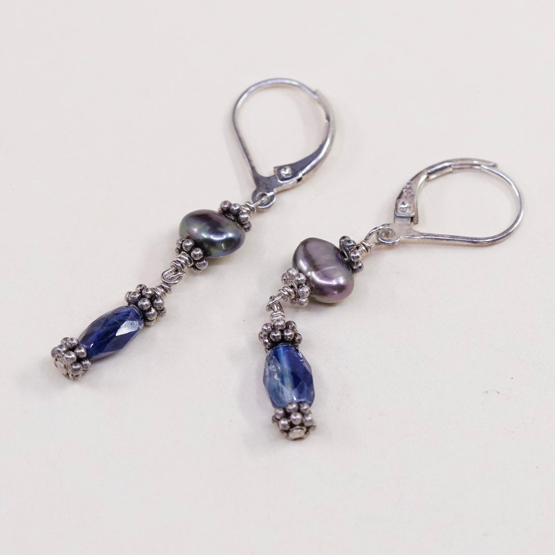 vtg Sterling silver handmade earrings, 925 silver with black pearl drops