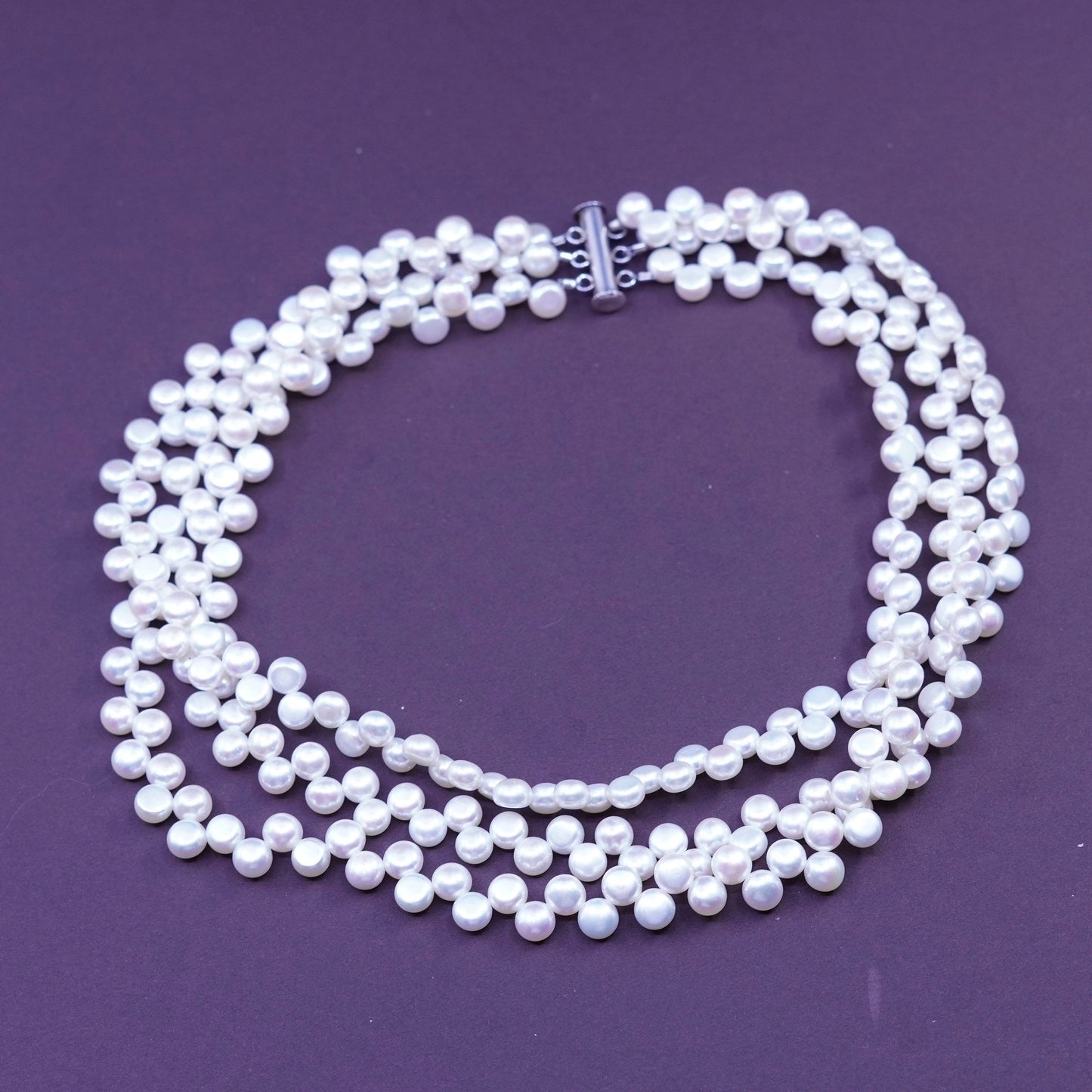 16”, triple strand pearl beads handmade necklace, Sterling 925 silver clasp