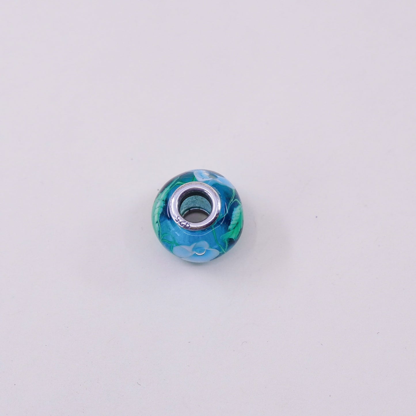 Vintage Sterling 925 silver handmade blue floral Murano glass bead charm