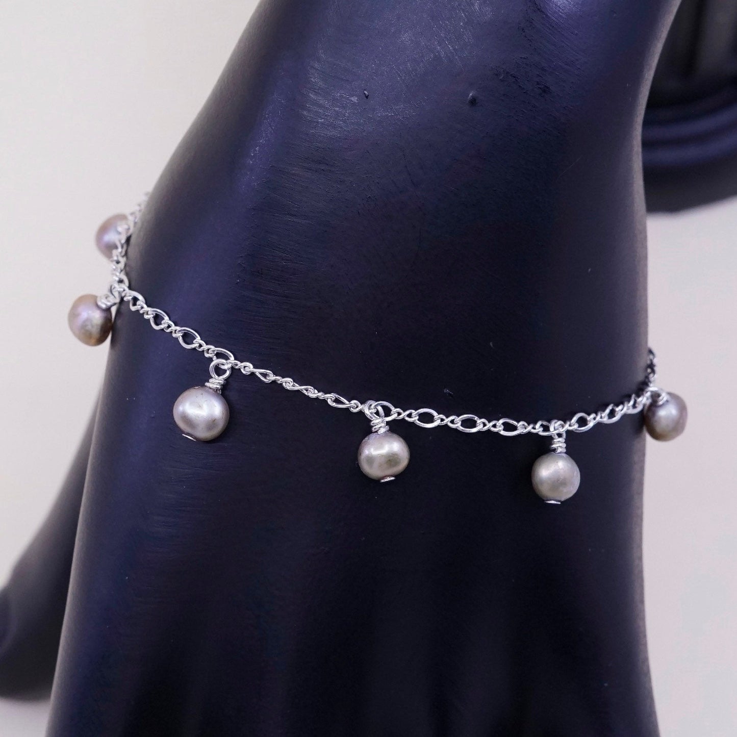 6.75”, Vintage handmade sterling silver bracelet with 925 pink pearl
