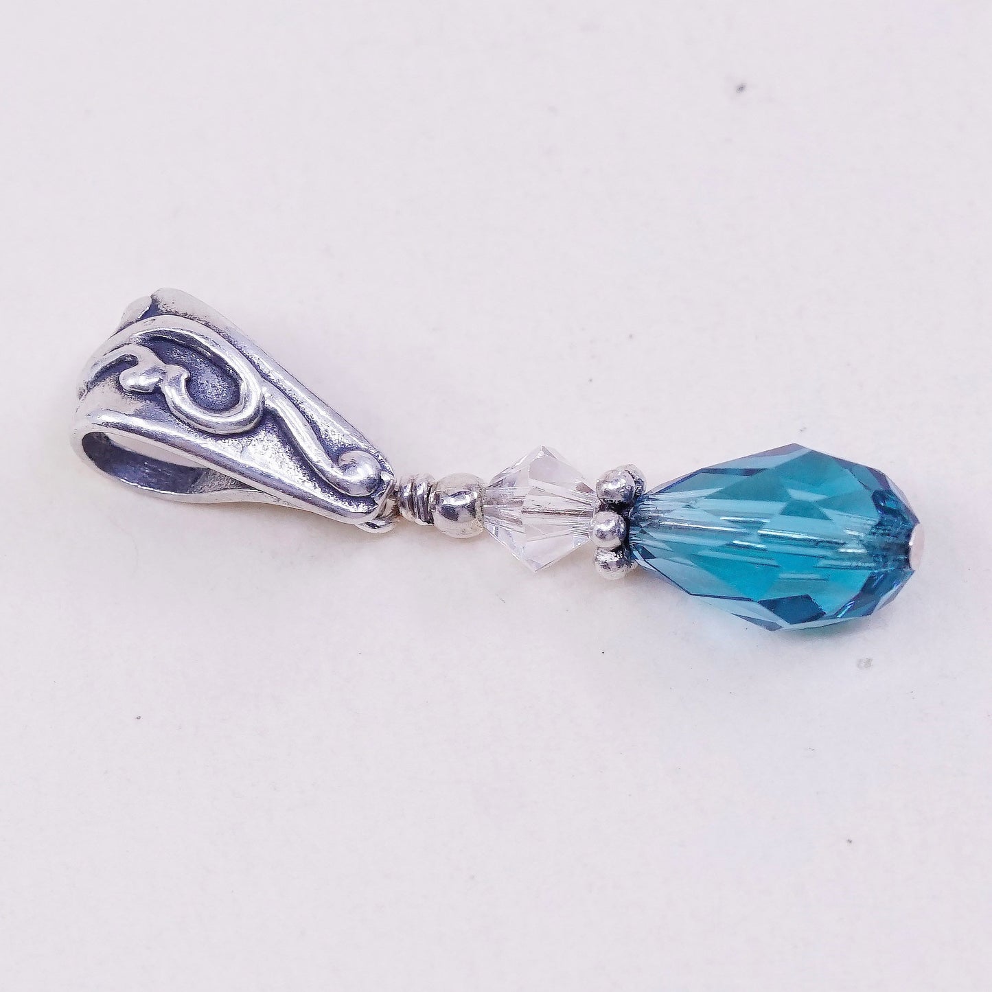 VTG Sterling silver handmade pendant, 925 with teardrop shaped blue crystal