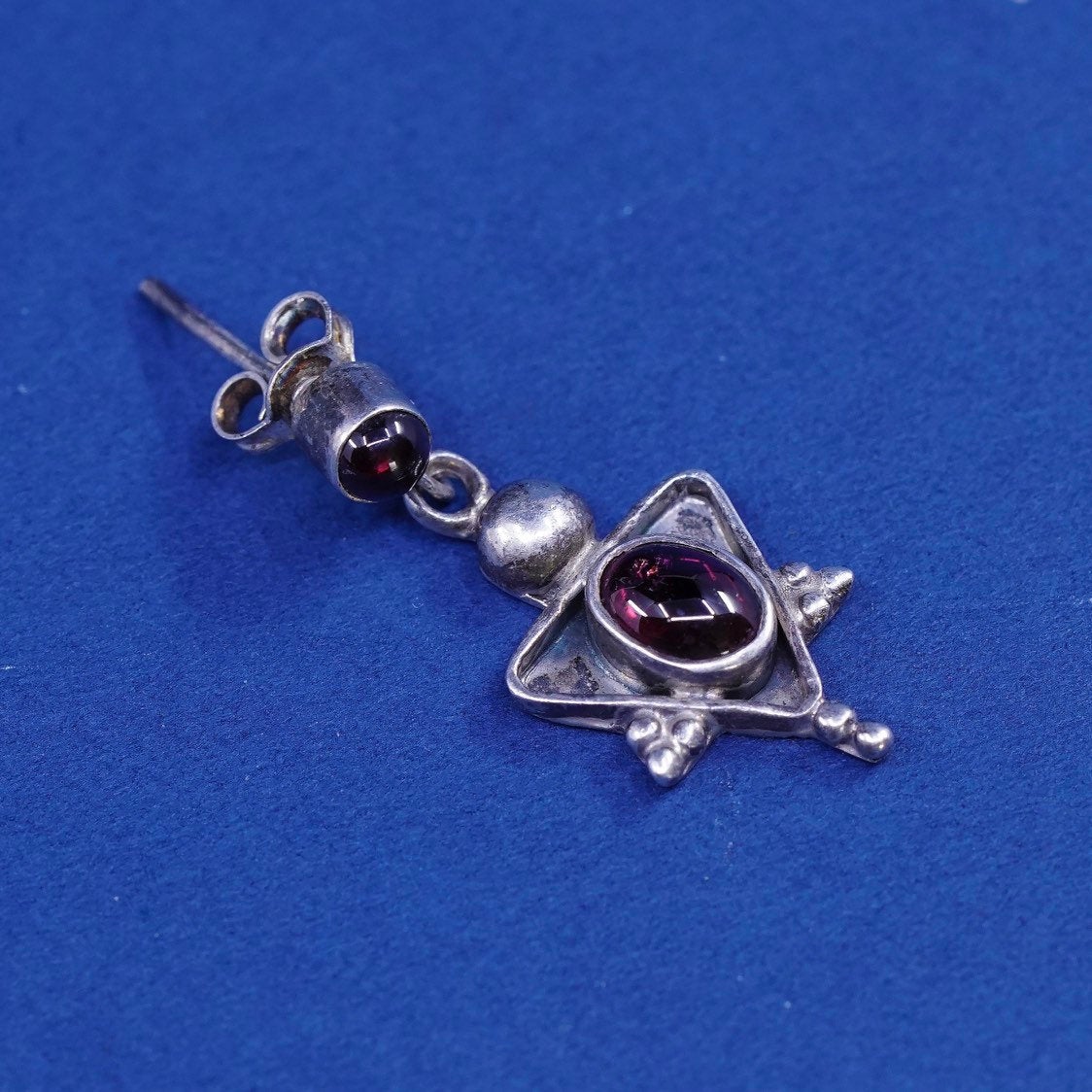 vtg sterling silver handmade earrings, 925 triangular w/ garnet and beads