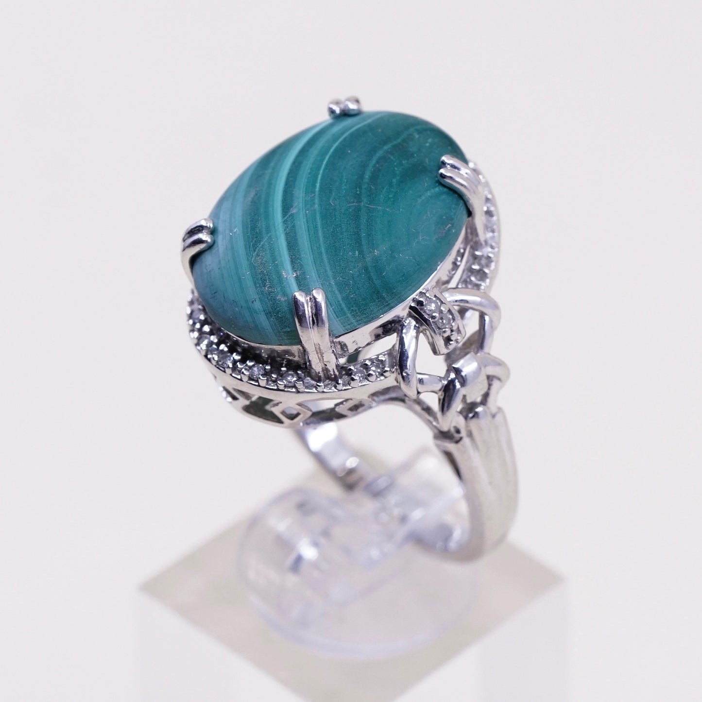 Size 9.25, sterling 925 silver handmade ring with malachite and cluster diamond