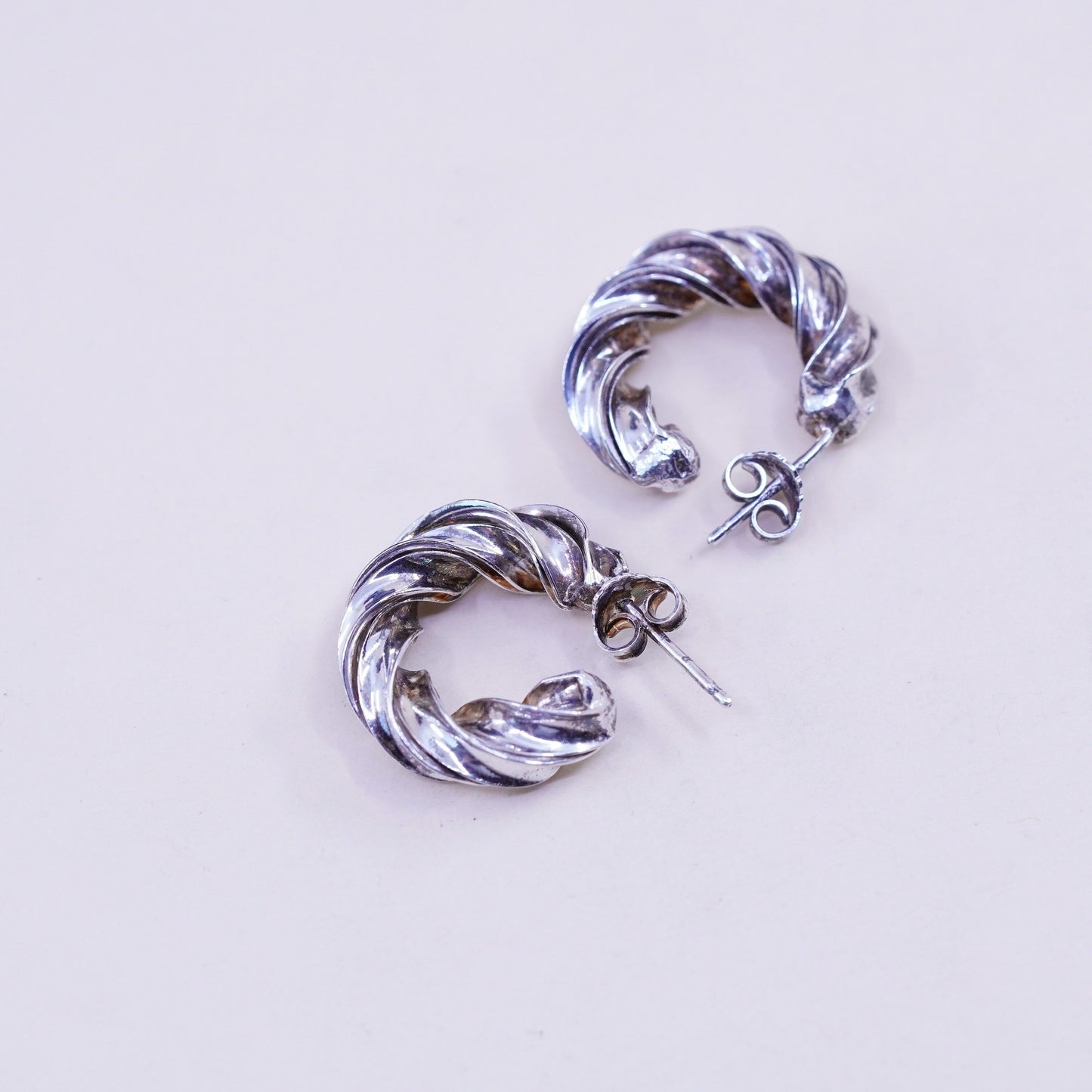 0.75”, Italy sterling silver huggie earrings, entwined twisted primitive hoops