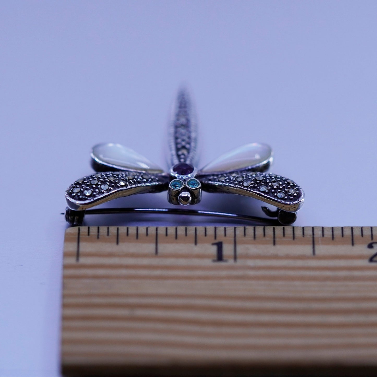 sterling silver handmade brooch, 925 dragonfly pin amethyst moonstone Marcasite