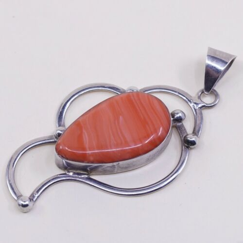 Vtg Huge Mexico 925 Sterling Silver Handmade Pendant W/ Orange agate