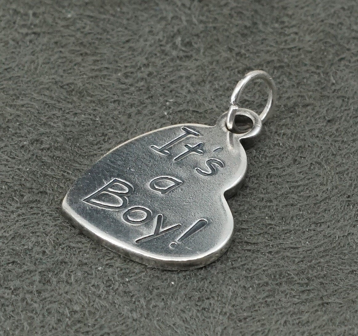 vtg sterling silver handmade charm, 925 heart pendant embossed “it’s a boy”