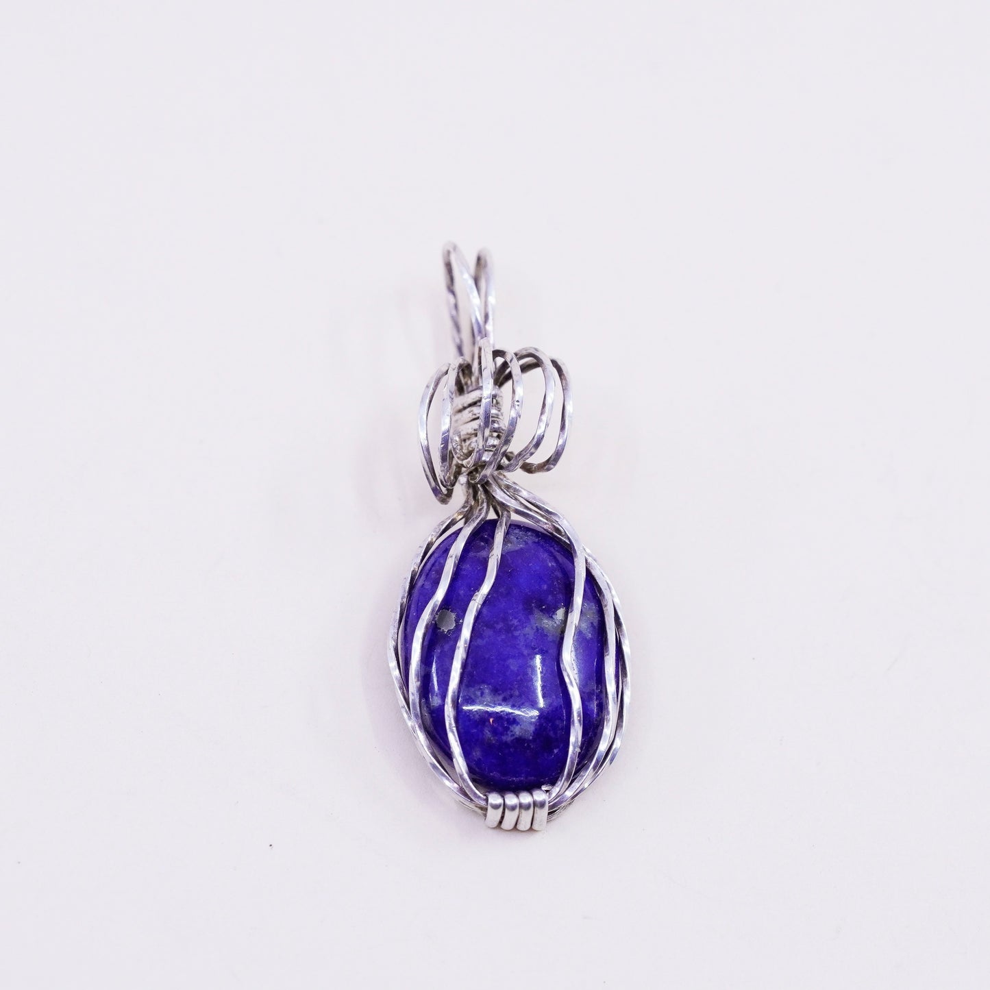 Vintage Sterling 925 silver handmade wired pendant with oval lapis lazuli