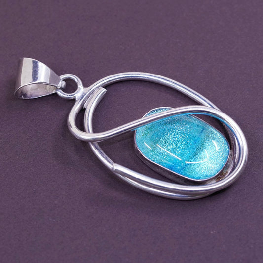 vtg Sterling silver handmade pendant, 925 w/ blue foil glass, unique