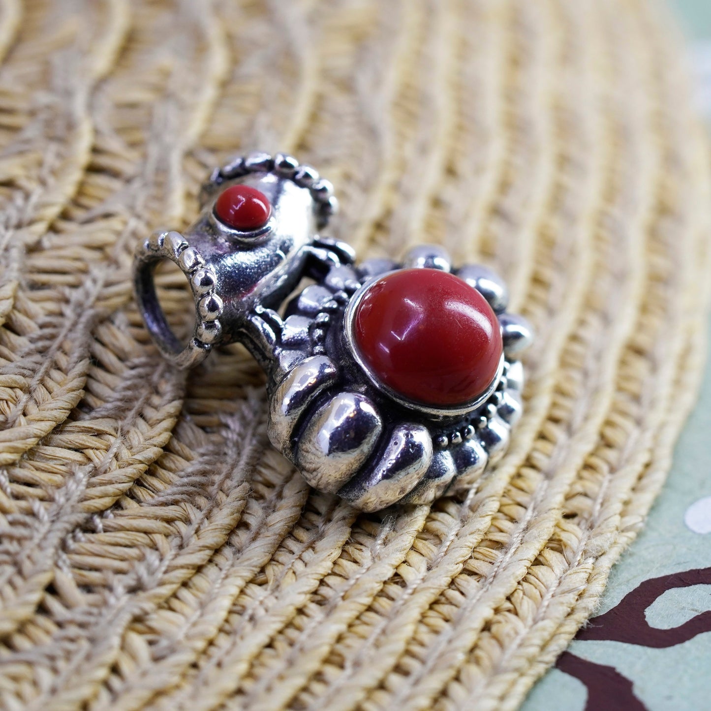 Vintage Sterling 925 silver handmade pendant red onyx and beads