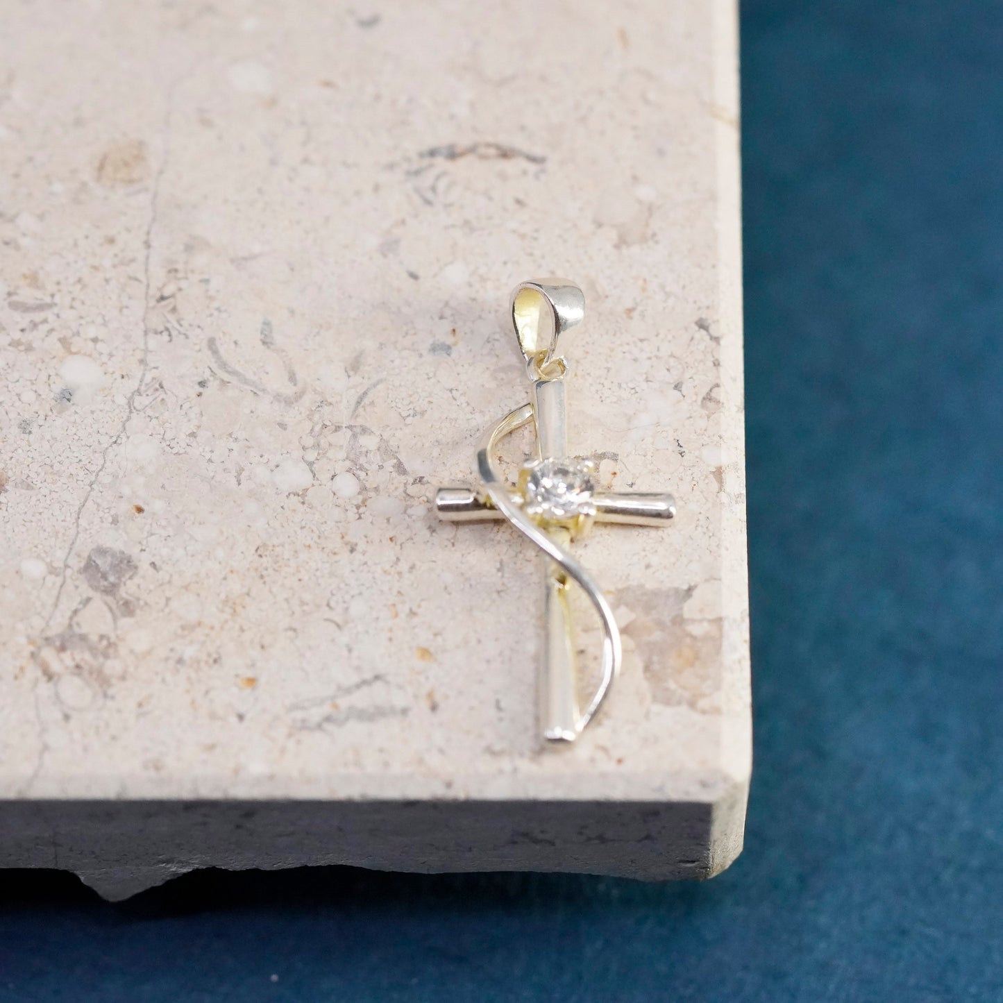 Vintage Sterling silver handmade pendant, 925 cross with cz