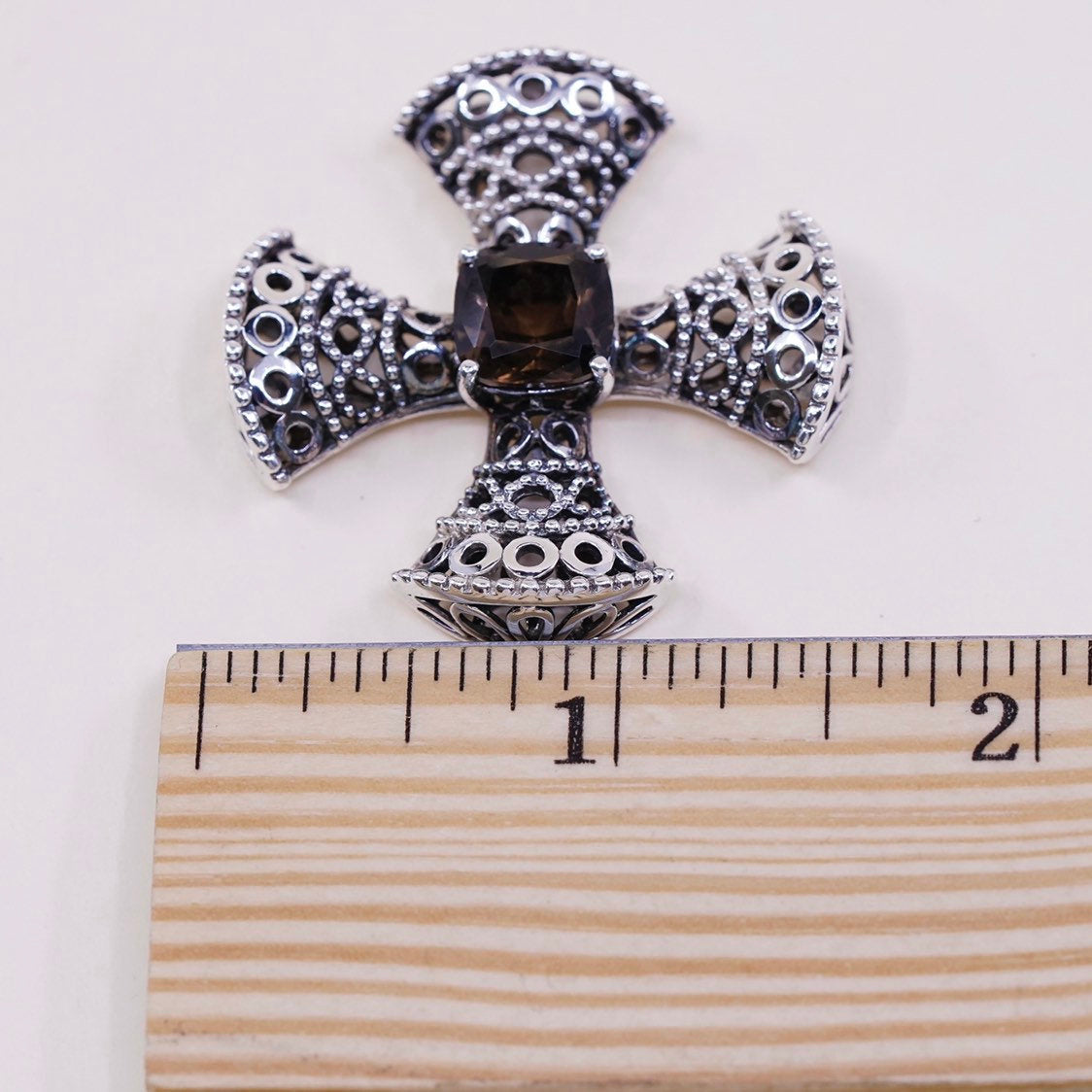 VTG Sterling silver handmade pendant, 925 Jerusalem swirl cross N smoky topaz