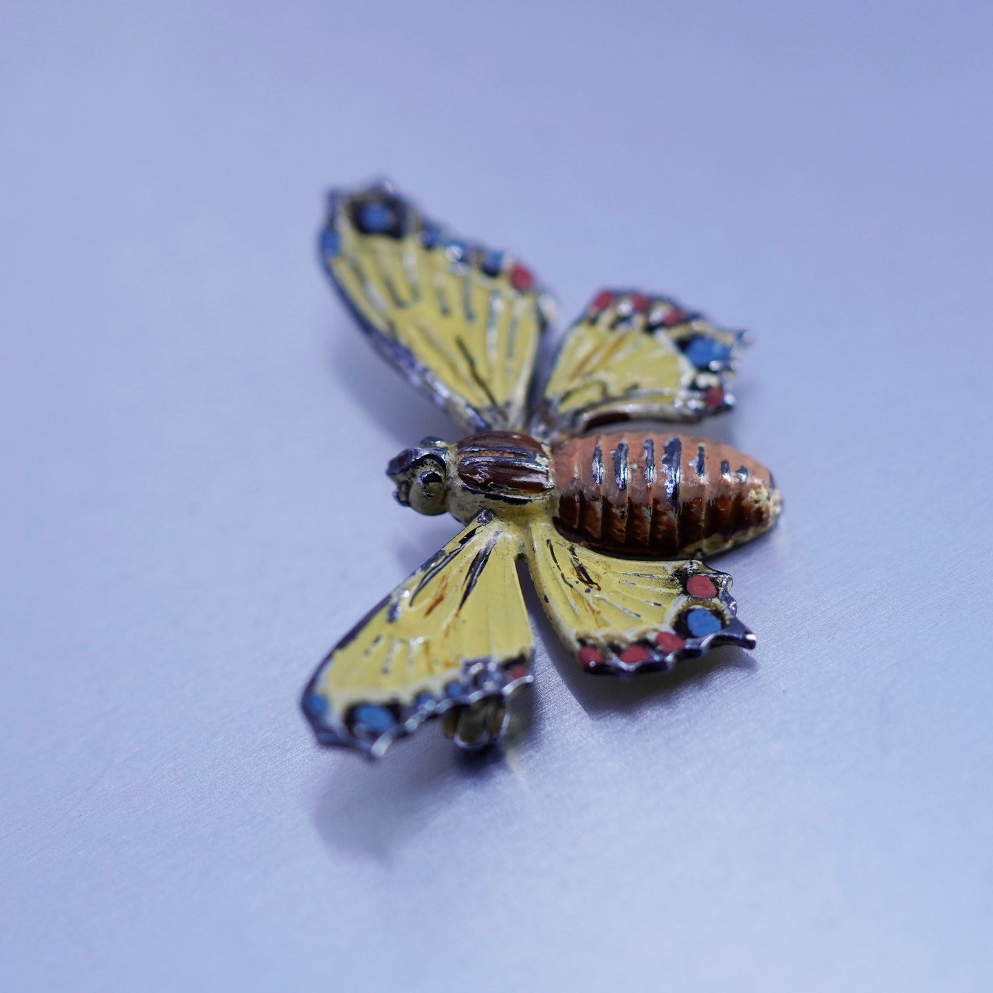 Vintage vermeil gold over sterling silver handmade brooch, 925 enamel butterfly