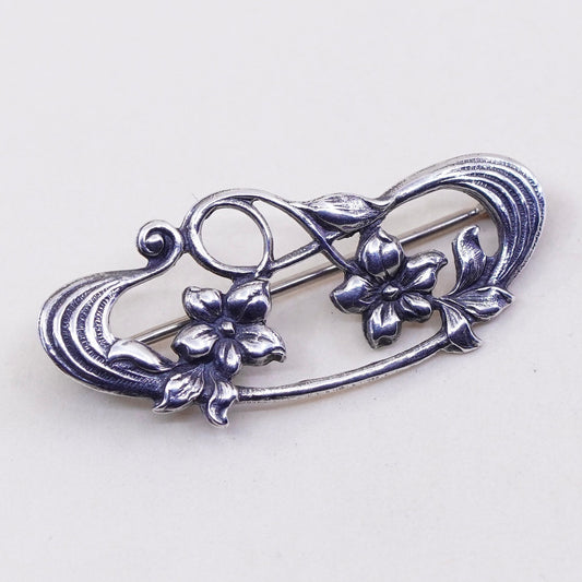Vintage extra long sterling silver handmade brooch, 925 flower pin