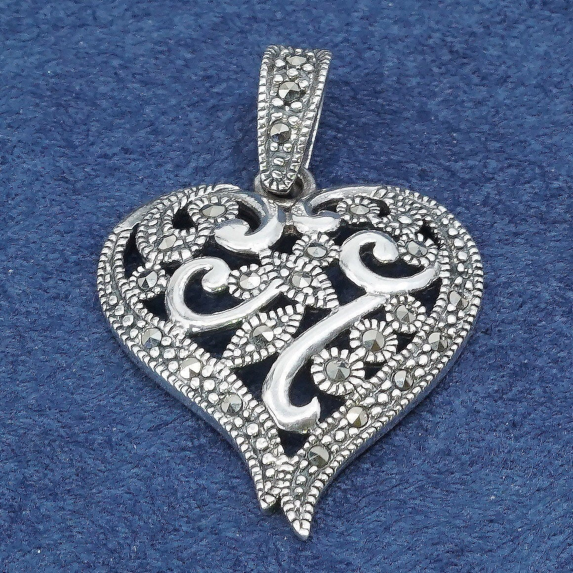 vtg Sterling silver handmade pendant, 925 heart w/ marcasite