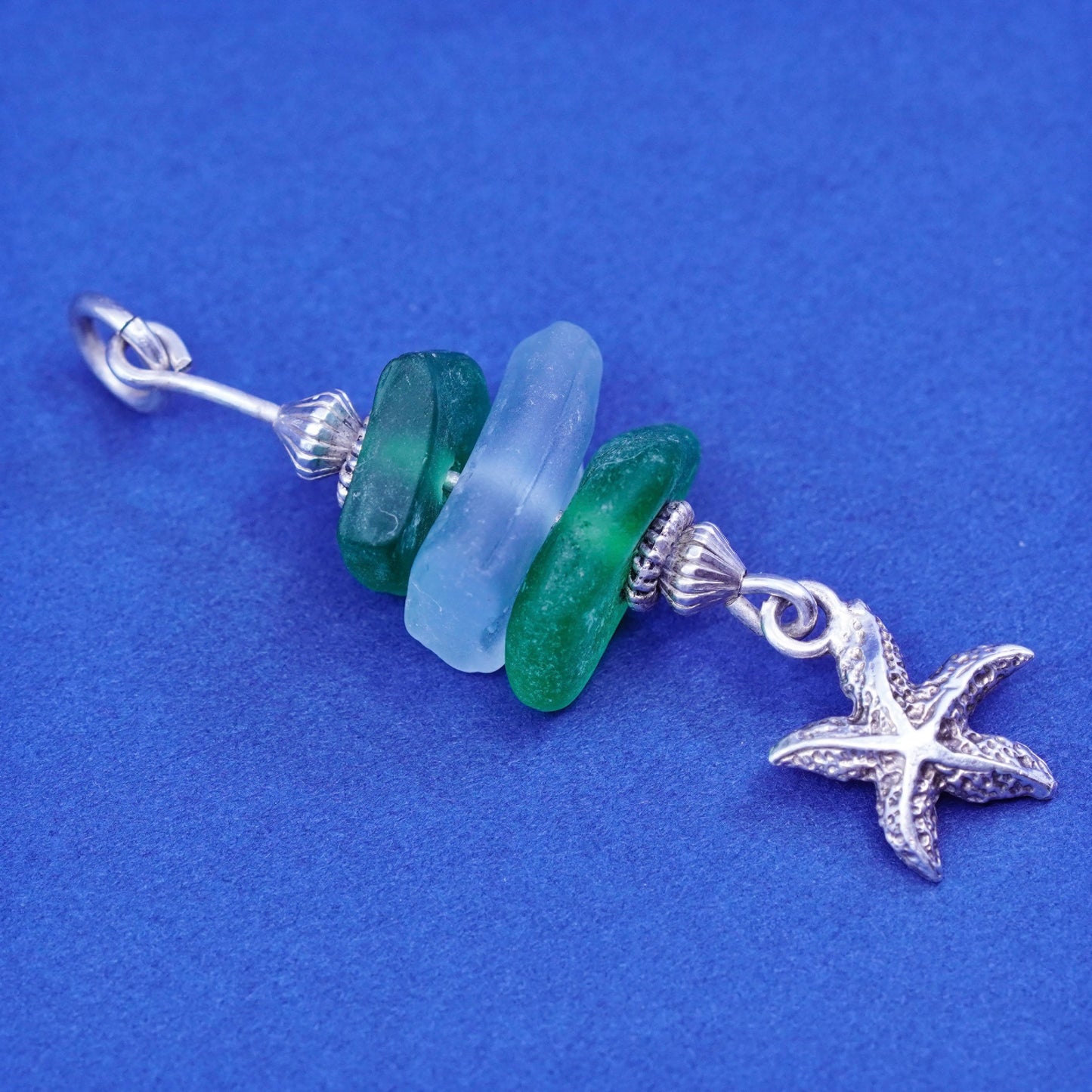 vtg Sterling silver handmade pedant 925 starfish charm with sea washed glass