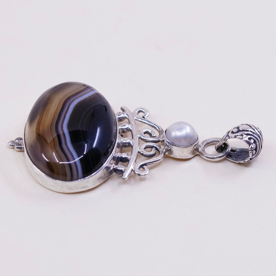 vtg sterling silver handmade pendant, solid 925 with agate and pearl