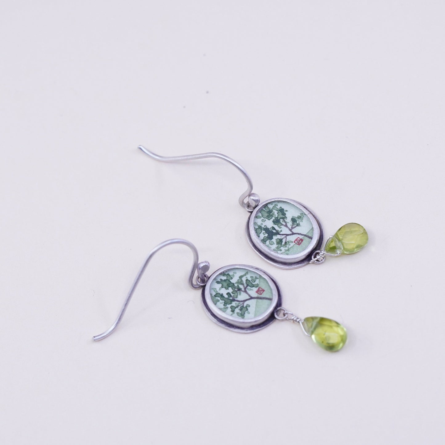 Designer Ananda KHALSA Sterling 925 silver handmade earrings, watercolor green spring maple and peridot drop, stamped 925 A