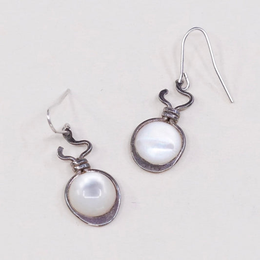 vtg sterling silver handmade earrings, mother of pearl round drops w/ 925 hooks