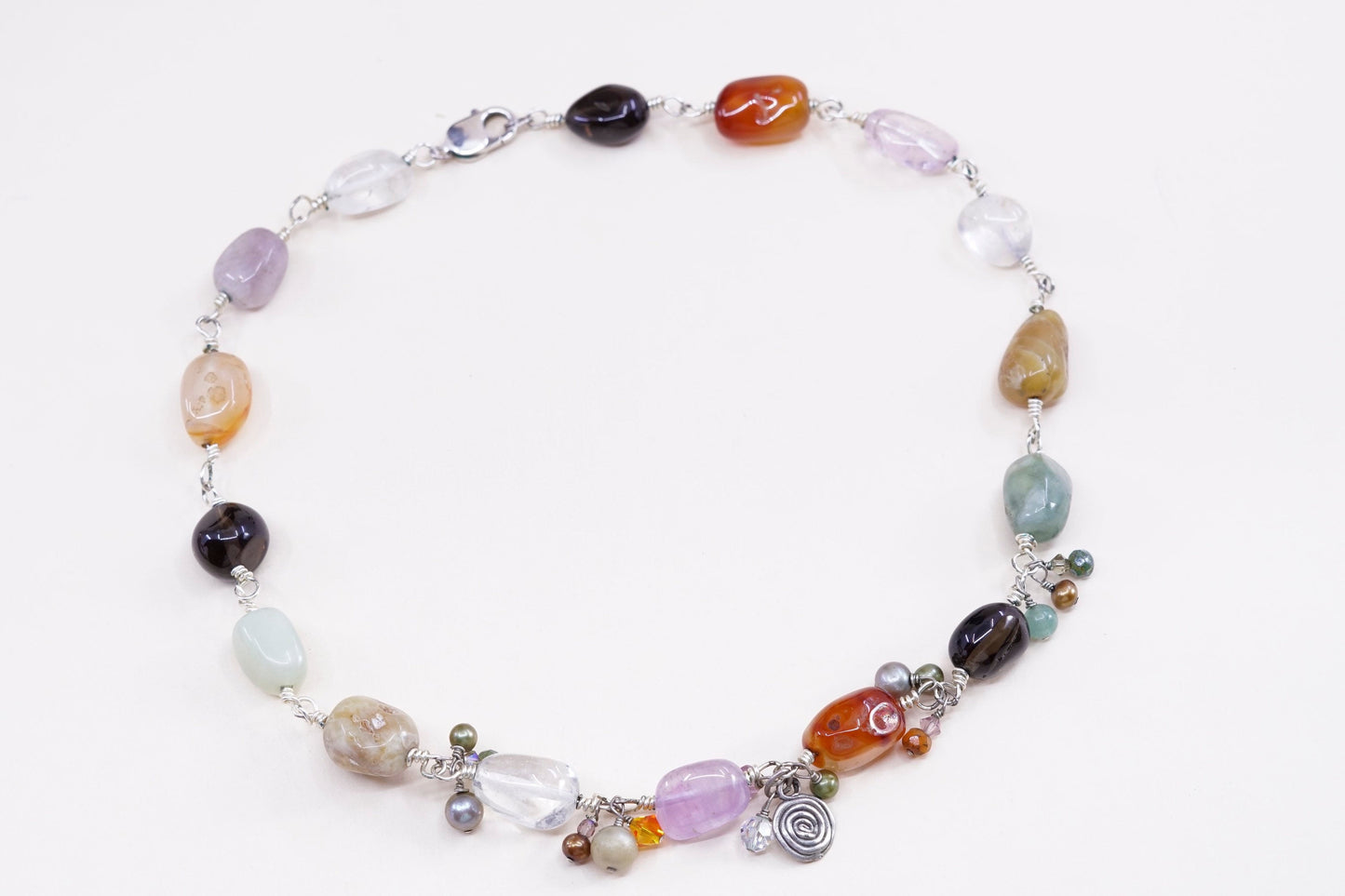 20”, sterling 925 silver necklace w/ agate crystal amethyst carnelian N jade