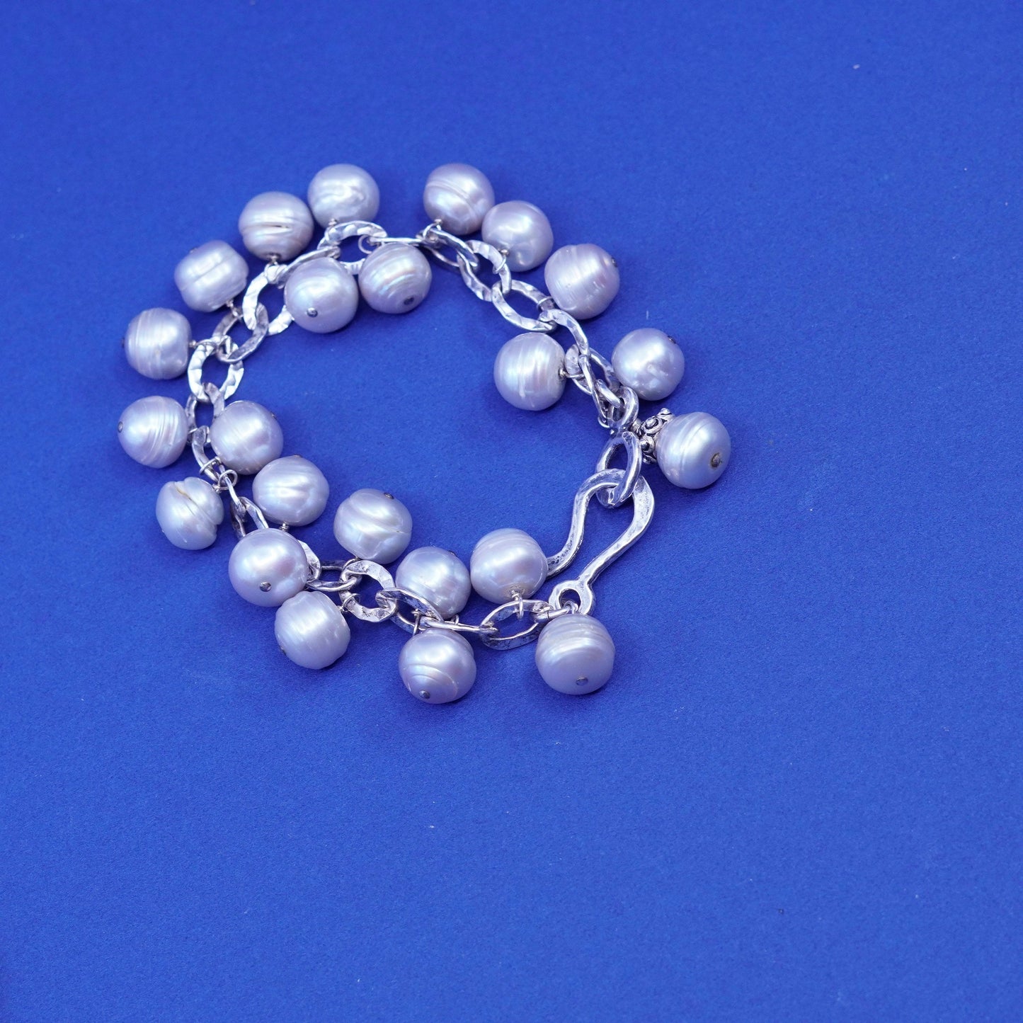 7”, Sterling silver handmade bracelet, 925 flatten circle chain cluster pearl