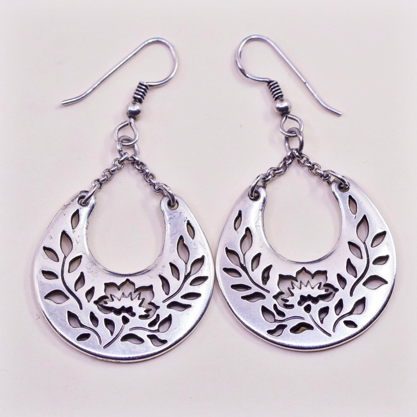 Vintage Sterling silver handmade earrings, 925 floral dangles