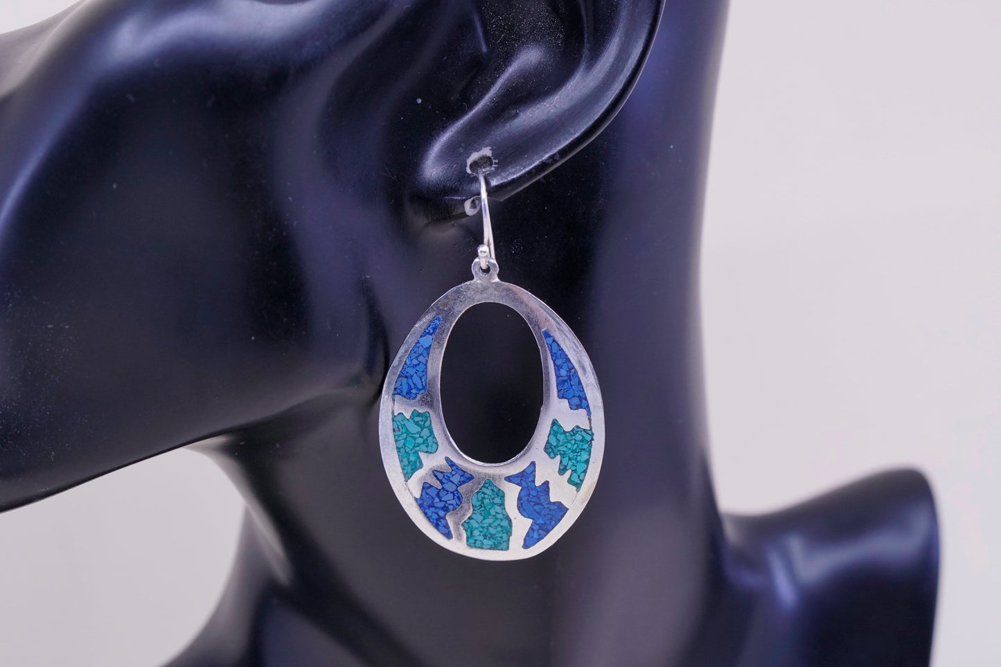 Vintage alpaca silver handmade earrings, huge oval dangles with turquoise