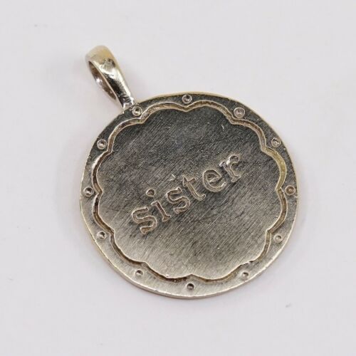 Vermeil Gold sterling silver handmade pendant, 925 Tag charm Embossed Sister