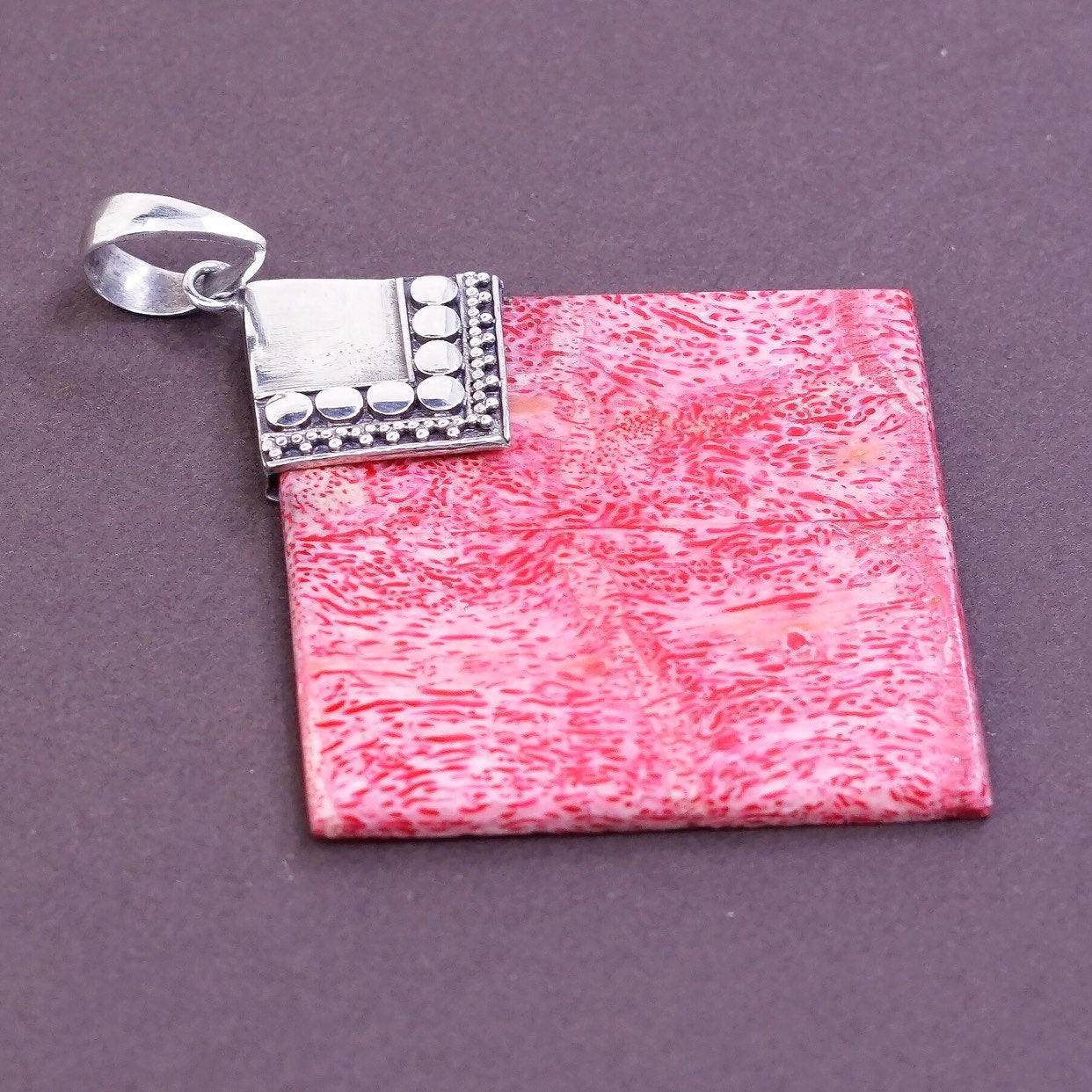 vtg Sterling silver handmade pendant, 925 w/ square discolored coral