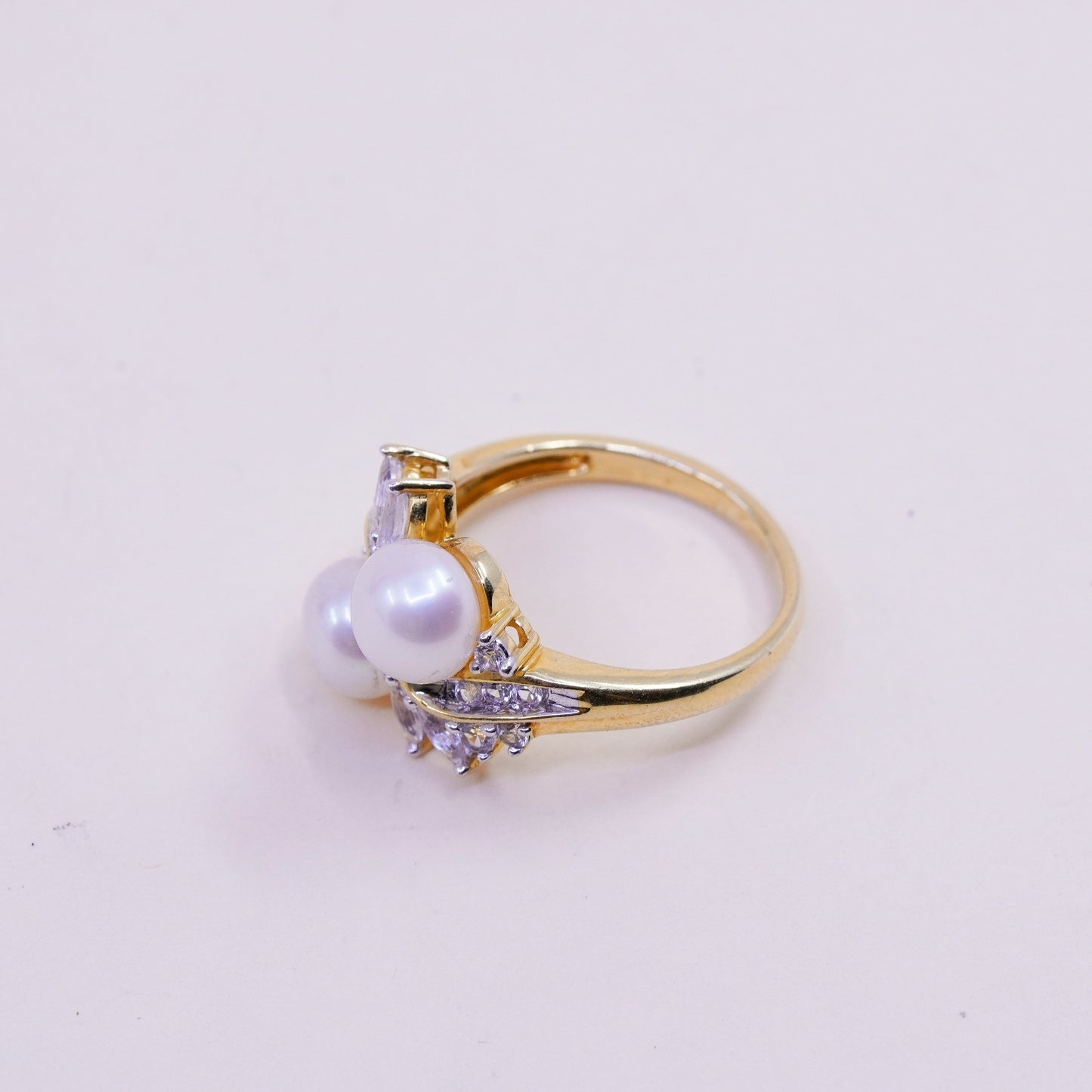 Size 7, vermeil gold filled sterling 925 silver engagement ring with pearl cz